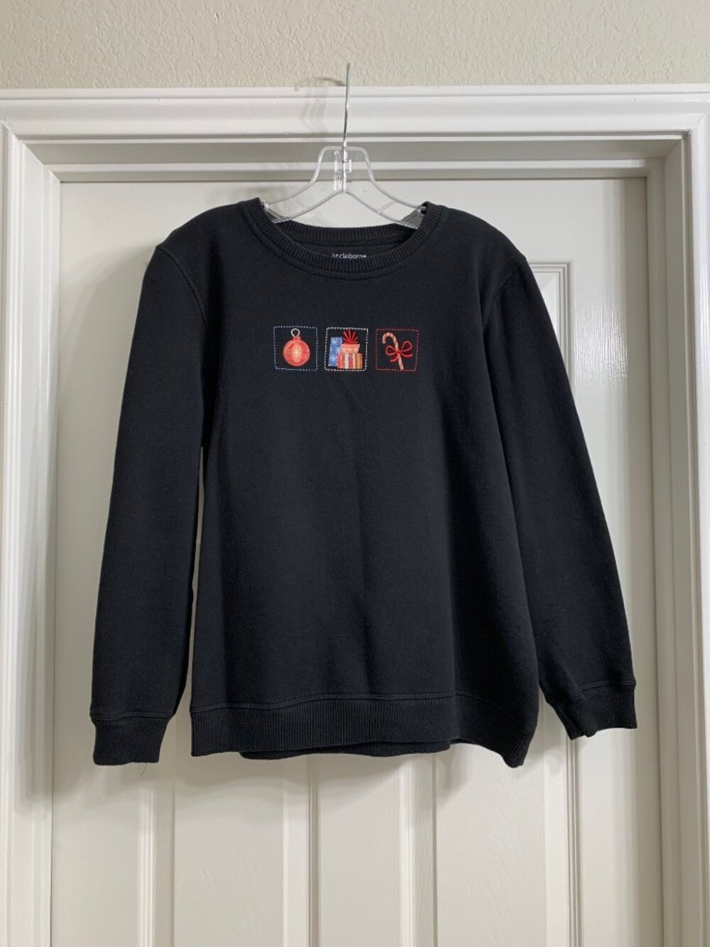 Liz Claiborne Women's Black Sweatshirt with Christmas Designs, Size Large